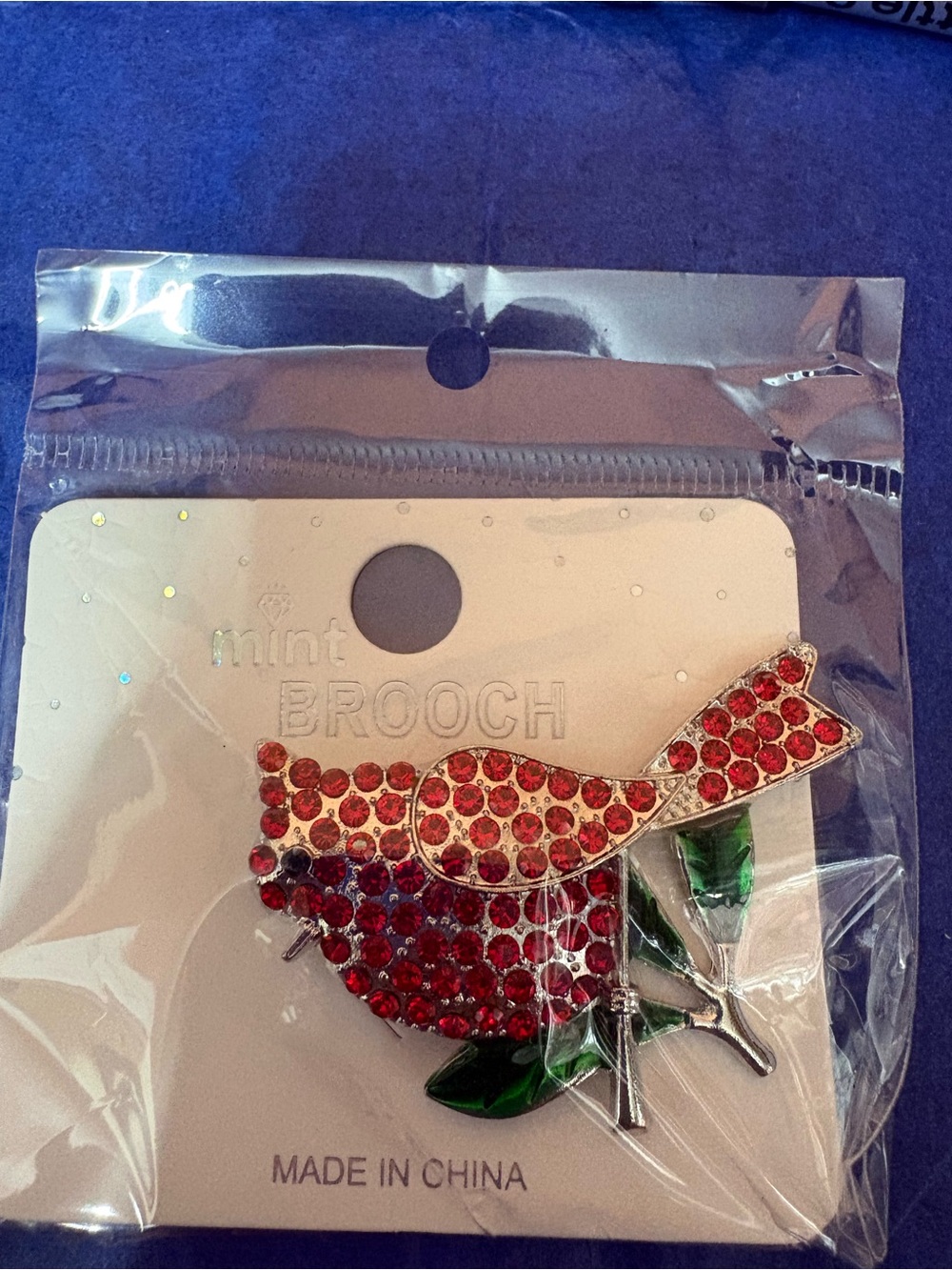 Mint Red Crystal Bird Brooch with Green Leaves